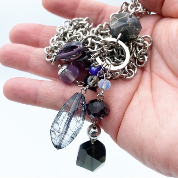 Double Chunky Link Chain Front Toggle Clasp Dangling Faux Gems Necklace - Picture 10 of 11